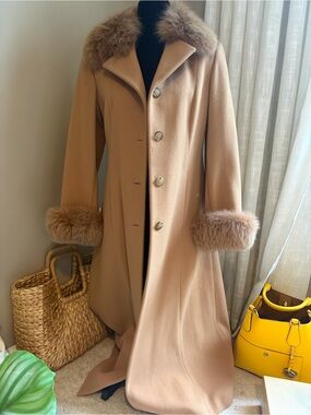 Women's Camel Wool Coat with Fur Trim